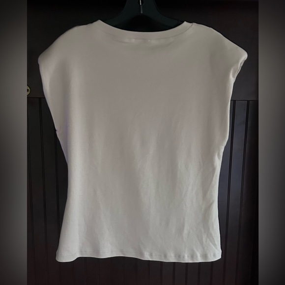 AARON & AMBER Beige Cap Sleeve Twist Blouse Top Minimalist Quiet Luxury | Size L - Picture 6 of 8